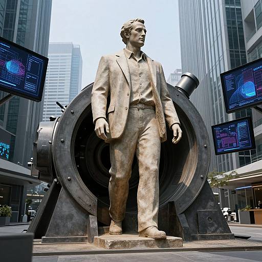 Photograph of a bronze statue of a suited man standing in front of a large industrial wheel, flanked by digital screens displaying blue and pink holographic