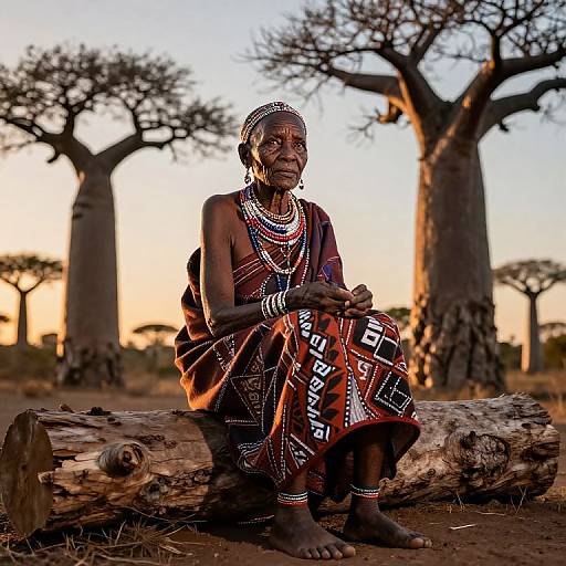 Photograph of an elderly African woman in traditional red and white patterned dress, sitting on a log in a sunset savanna with tall acacia trees