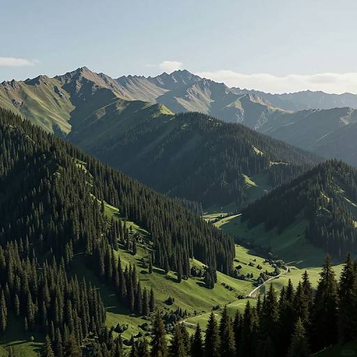 Photograph of a lush, green mountain valley with dense forests, sunlit ridges, and shadowed peaks under a clear blue sky.