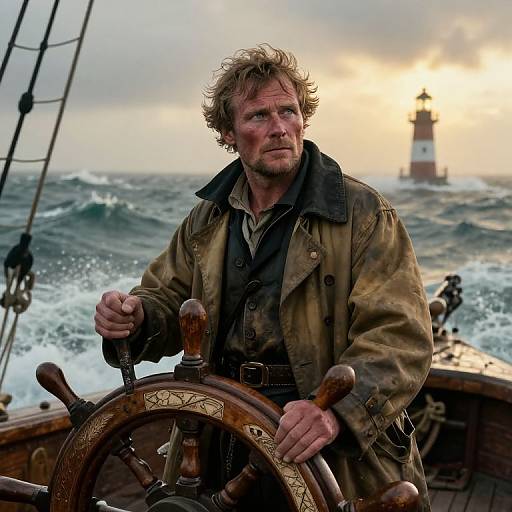 Photograph of rugged, dirty-haired man with beard, wearing worn coat, steering wooden ship wheel in stormy sea, lighthouse glowing in sunset background