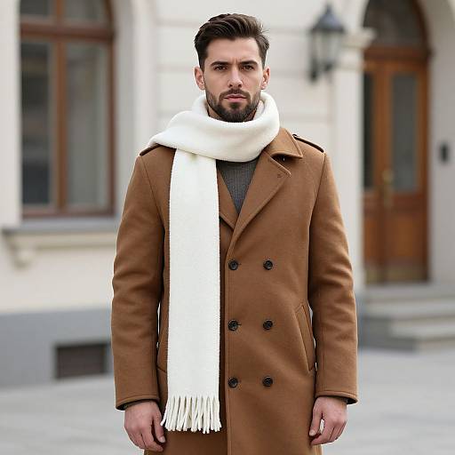 Photograph of a bearded man with dark hair wearing a brown double-breasted coat, white scarf, and gray sweater, standing in front of a