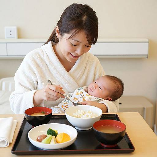 Photograph of an Asian woman in a white bathrobe feeding a sleeping baby with chopsticks, surrounded by Japanese dishes on a tray.
