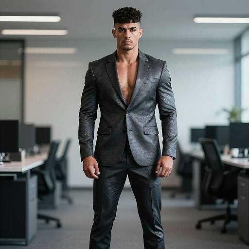 Photograph of a muscular, dark-haired man with a short beard, wearing an open black suit jacket, revealing a bare chest, standing confidently in a