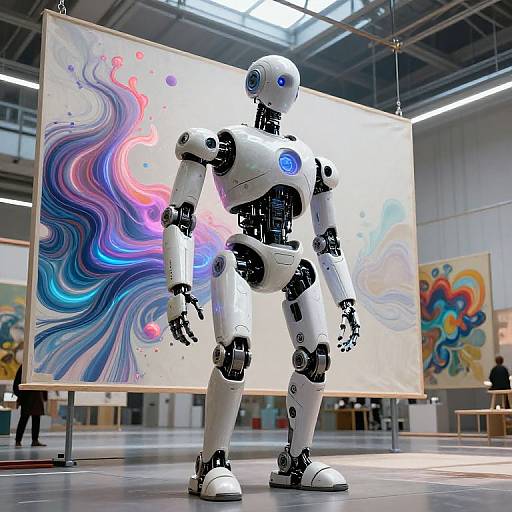 Photograph of a white robotic humanoid with blue glowing eyes standing in a modern art gallery, in front of a colorful abstract painting with swirling blue, pink
