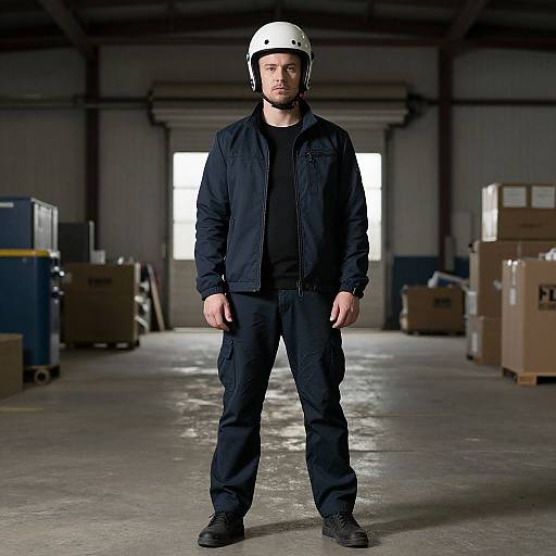 Photograph of a serious man in a white helmet, black jacket, and pants, standing in a dimly lit warehouse with scattered boxes.