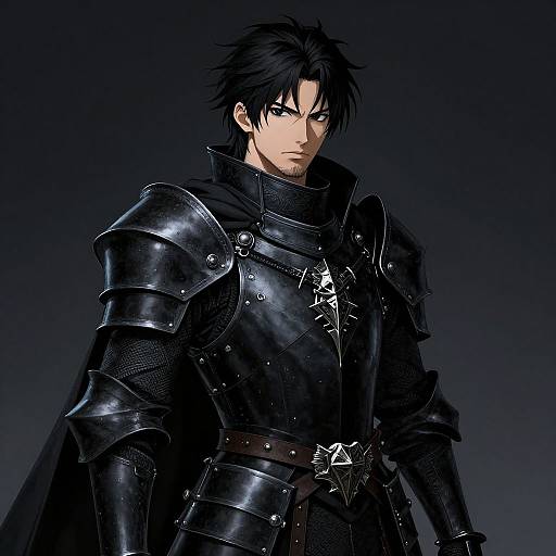 Digital illustration of a serious, black-haired man in shiny black medieval armor with intricate designs, set against a dark gradient background.