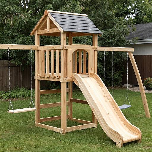 Photograph of a wooden playhouse with a slide, swings, and a shingled roof, set on a green grassy lawn with trees and