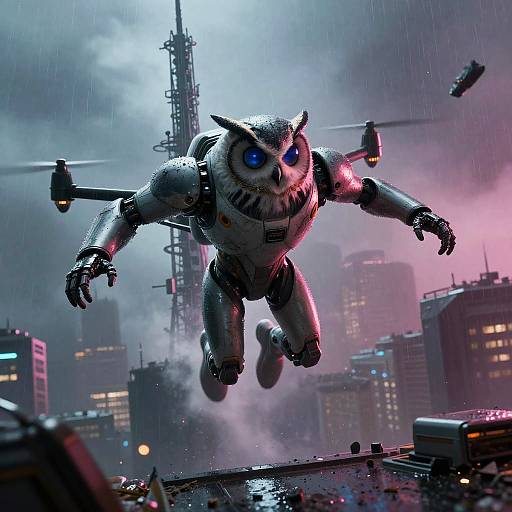 CGI image of a robotic owl with glowing blue eyes soaring over a futuristic, rain-soaked cityscape, with helicopters and skyscrapers in the