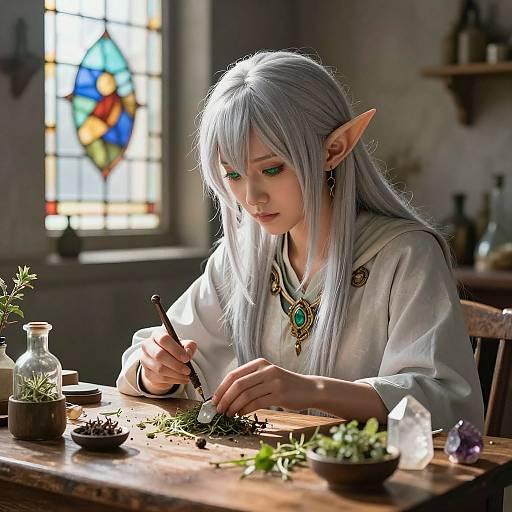 Elf Alchemist in Sunlit Workshop
