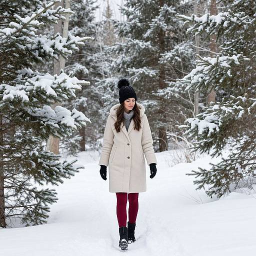 Photograph of a young woman with long brown hair, wearing a white coat, black beanie, red pants, and black gloves, walking through a