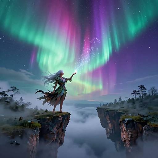 Digital art: Anime-style woman with long white hair stands on cliff, raising arm to aurora borealis with vibrant green, purple, and pink lights