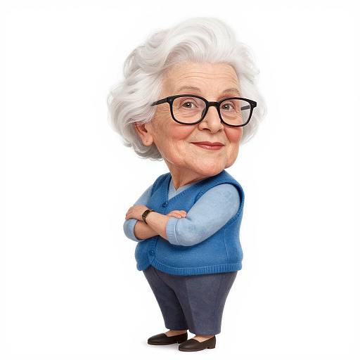 Cartoon-style elderly woman with white hair, black glasses, blue sweater, and dark pants, smiling with arms crossed, standing against white background.