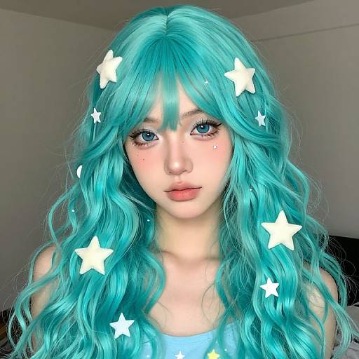 Photograph of a young woman with long, wavy, turquoise hair, blue eyes, and white star-shaped digital effects, wearing a light blue top