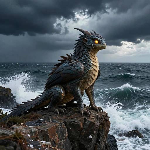 Digital fantasy artwork of a dark, scaly dragon with glowing yellow eyes, sitting on a rocky cliff, against a stormy seascape with crashing waves