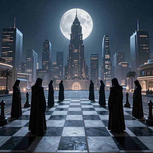 Silhouetted robed figures playing chess under a full moon in a futuristic cityscape with illuminated skyscrapers, creating a mysterious, nocturnal