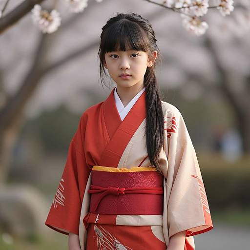 Young Girl in Traditional Kimono with Cherry Blossoms
