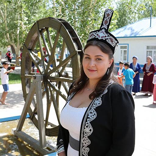Photograph of a smiling Latina woman with dark hair, wearing a white dress and black embroidered top hat, standing beside a wooden millwheel in a sun