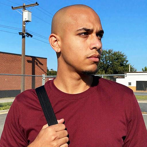 Bald man in maroon shirt outdoors