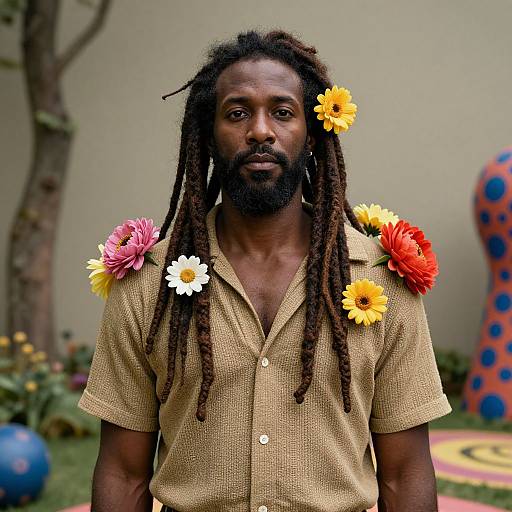 Photograph of a Black man with long dreadlocks, wearing a beige button-up shirt adorned with colorful daisies, standing outdoors.