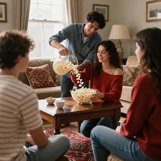 Friends Sharing Popcorn in Cozy Living Room