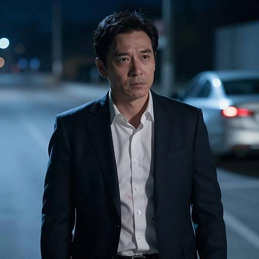Photograph of a serious Asian man in a black suit and white shirt, standing on a dimly lit, blue-hued nighttime street with blurred car