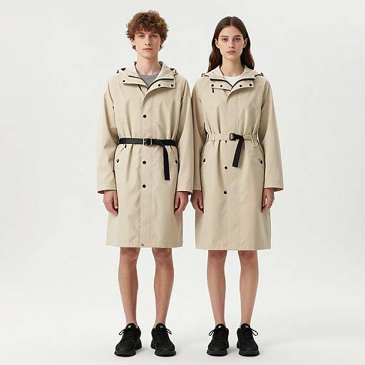 Photograph of a young white couple standing side by side, both wearing beige trench coats with black belts, white shirts, and black shoes, against a