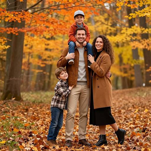 Photograph of a bearded man in a brown coat, carrying a smiling boy in orange, with a curly-haired woman in brown coat, and a