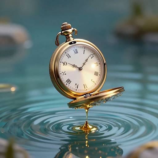 Photograph of a gold pocket watch with black Roman numerals, standing upright in clear blue water, creating ripples with its reflective surface.