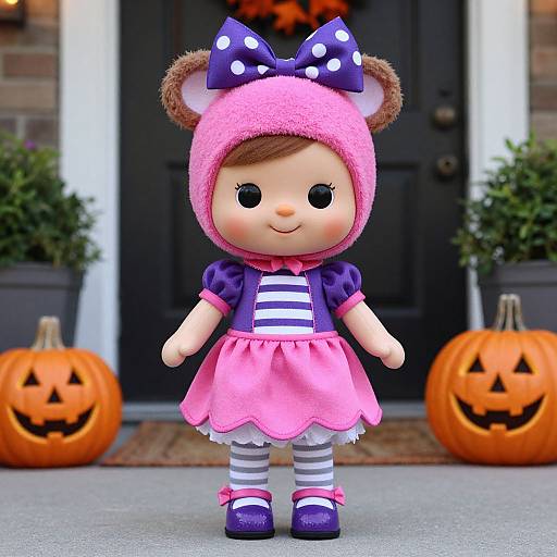Photograph of a cute, cartoon-style doll in a pink bear hood with polka dot bow, striped dress, purple shoes, and striped leggings,