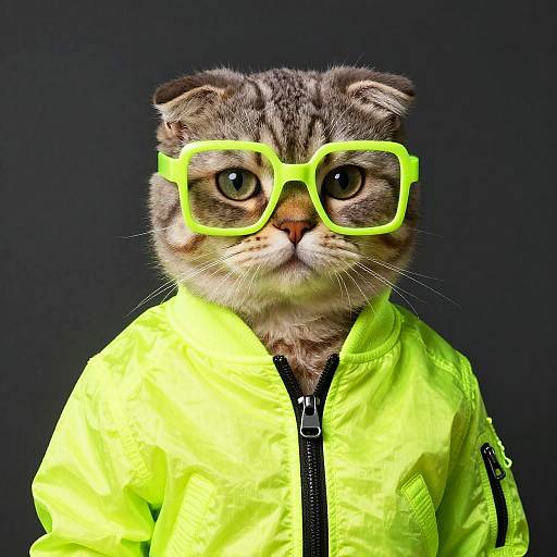Photograph of a tabby cat wearing neon yellow glasses and jacket, looking directly at the camera against a black background.