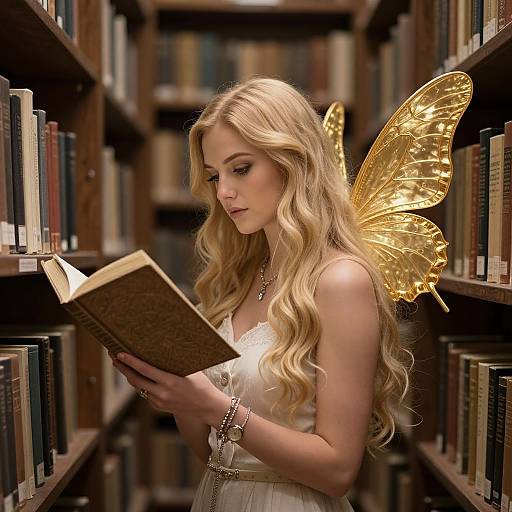 Photograph of a blonde woman with golden fairy wings, reading a book in a dimly lit library aisle, wearing a white dress and silver bracelets.
