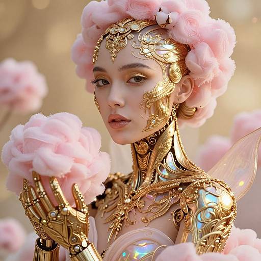 Digital artwork of a pale-skinned, ethereal woman with golden, ornate armor, pink flower crown, and delicate wings, holding pink flowers.
