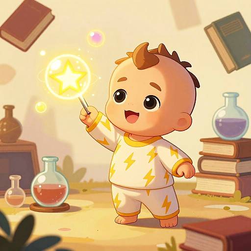 Digital illustration of a cute, chubby baby with spiky hair, wearing lightning-patterned pajamas, holding a glowing wand, surrounded by floating books and