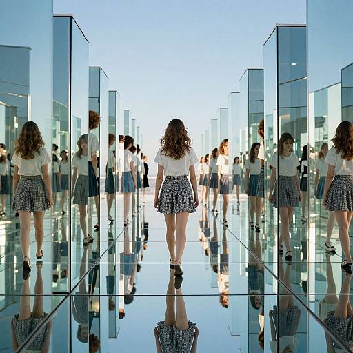 Photograph of a woman with wavy brown hair, white blouse, and black-and-white checkered skirt, walking down a reflective glass corridor, mirrored