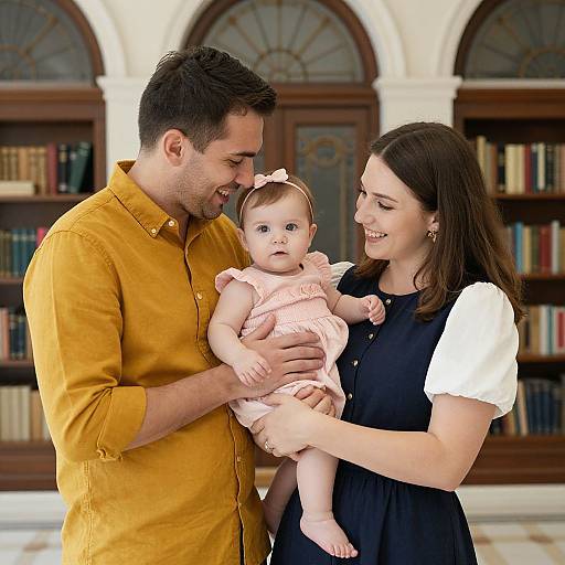 Photograph of a smiling Caucasian family: father in mustard shirt, mother in black dress, holding baby in pink ruffles, in a library with wooden