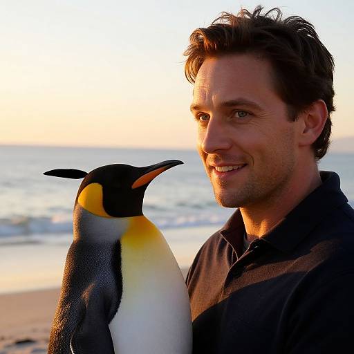Photograph of a smiling Caucasian man with short brown hair, wearing a dark brown jacket, holding a yellow and black king penguin on a sandy beach