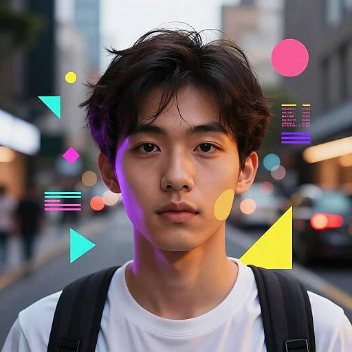 Photograph of an Asian young man with short black hair, wearing a white shirt and backpack, in a blurred urban street with colorful digital overlays.