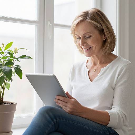 Photograph of a smiling middle-aged woman with blonde bob haircut, wearing a white sweater and blue jeans, reading a tablet by a sunlit window with