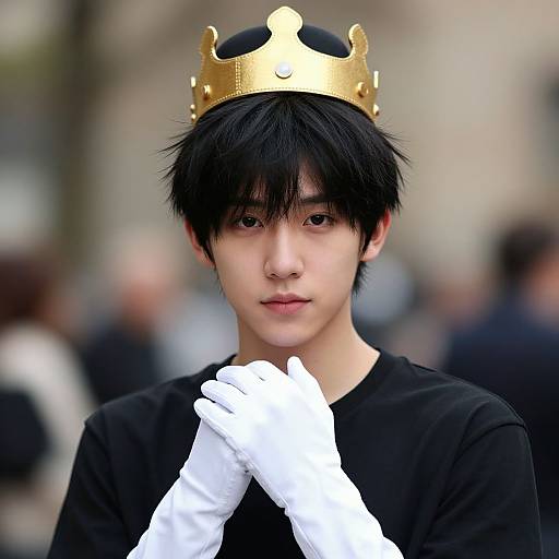 Photograph of an Asian young man with black hair, wearing a gold crown, black shirt, and white gloves, standing outdoors. Blurred crowd background