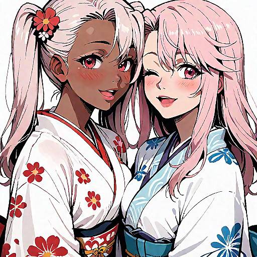 Digital anime-style drawing of two women in floral kimonos, one dark-skinned with red eyes and white hair, one light-skinned with pink