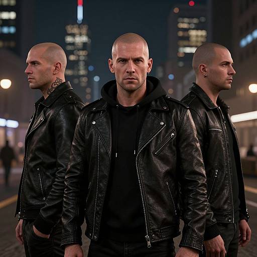 Photograph of three bald, serious-looking men in black leather jackets standing in a nighttime cityscape with tall buildings and neon lights in the background.
