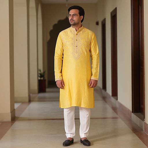 Photograph of a South Asian man with dark hair and glasses, wearing a yellow kurta, white trousers, and black shoes, standing in a beige