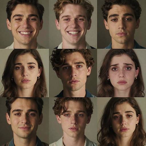 Photograph collage of nine headshots of a young man with curly brown hair, showing various expressions and appearances, including smiling, neutral, and serious looks