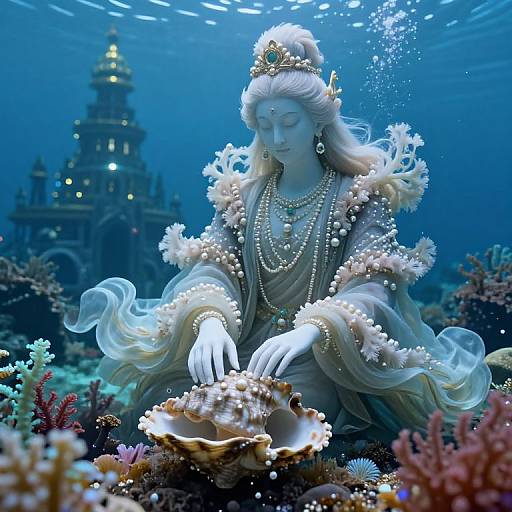 Digital artwork of a serene underwater statue of a white-haired, pearl-adorned goddess gently touching a conch shell amidst colorful coral and bubbles, with