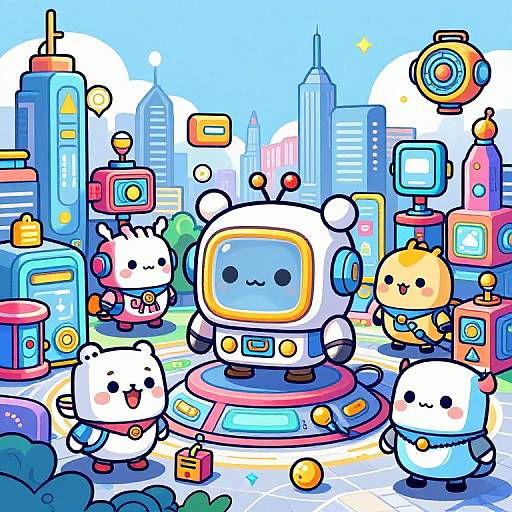 Cute digital drawing of chibi-style robots and animals in a vibrant, futuristic cityscape with colorful buildings and floating gadgets.