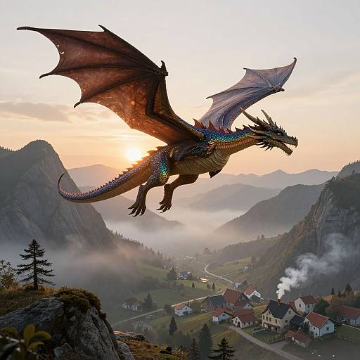 Photorealistic digital artwork of a majestic, iridescent dragon with large wings soaring over a misty, mountainous village at sunrise.