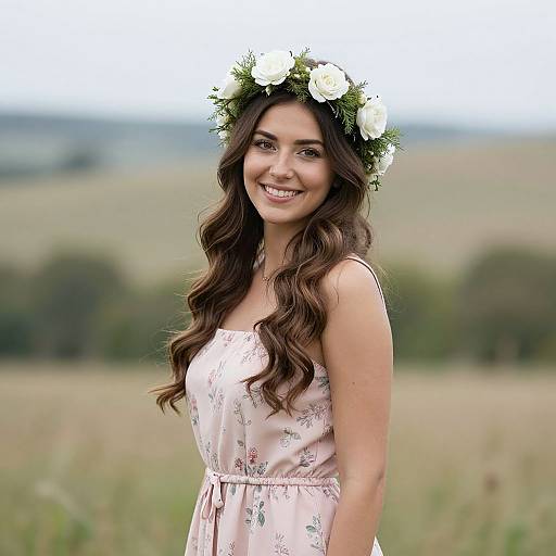 Photograph of a smiling woman with long, wavy brown hair, wearing a white floral crown and light pink floral dress, standing in a blurred,