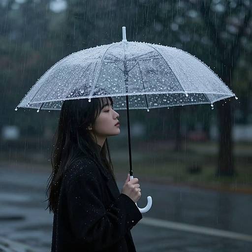 Photograph of an Asian woman with long black hair, wearing a black coat, holding a clear umbrella with raindrops, standing in a rainy, dark