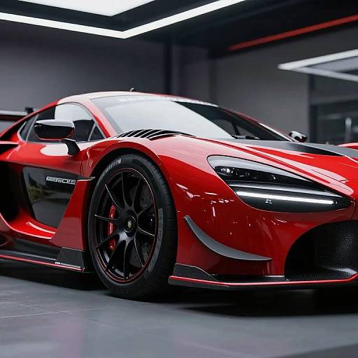 Photograph of a vibrant red, high-performance sports car with black accents, sleek design, and aggressive headlights, parked in a modern, dimly lit