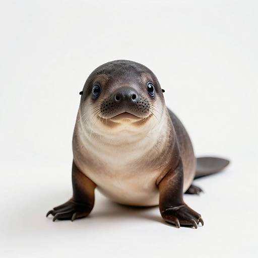 Photograph of a cute, small, dark brown and white baby seal with big, black eyes, standing on a white background.